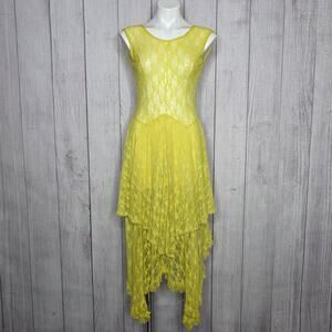 ACEVOG Yellow Lace Dress Sheer Handkerchief Hem Fairy Romantic, Small